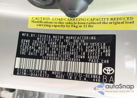 2016 Toyota Corolla Le из США, поврежденный, VIN 5YFBURHEXGP568094